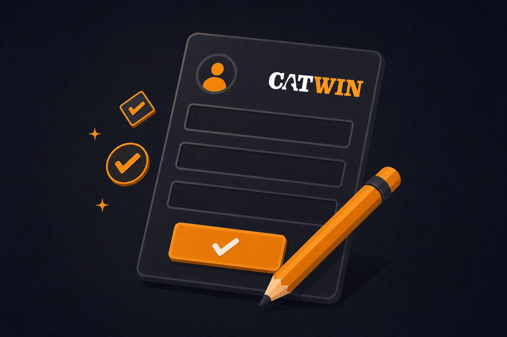Catwin-Anmeldeformular mit Häkchen und einem Stift