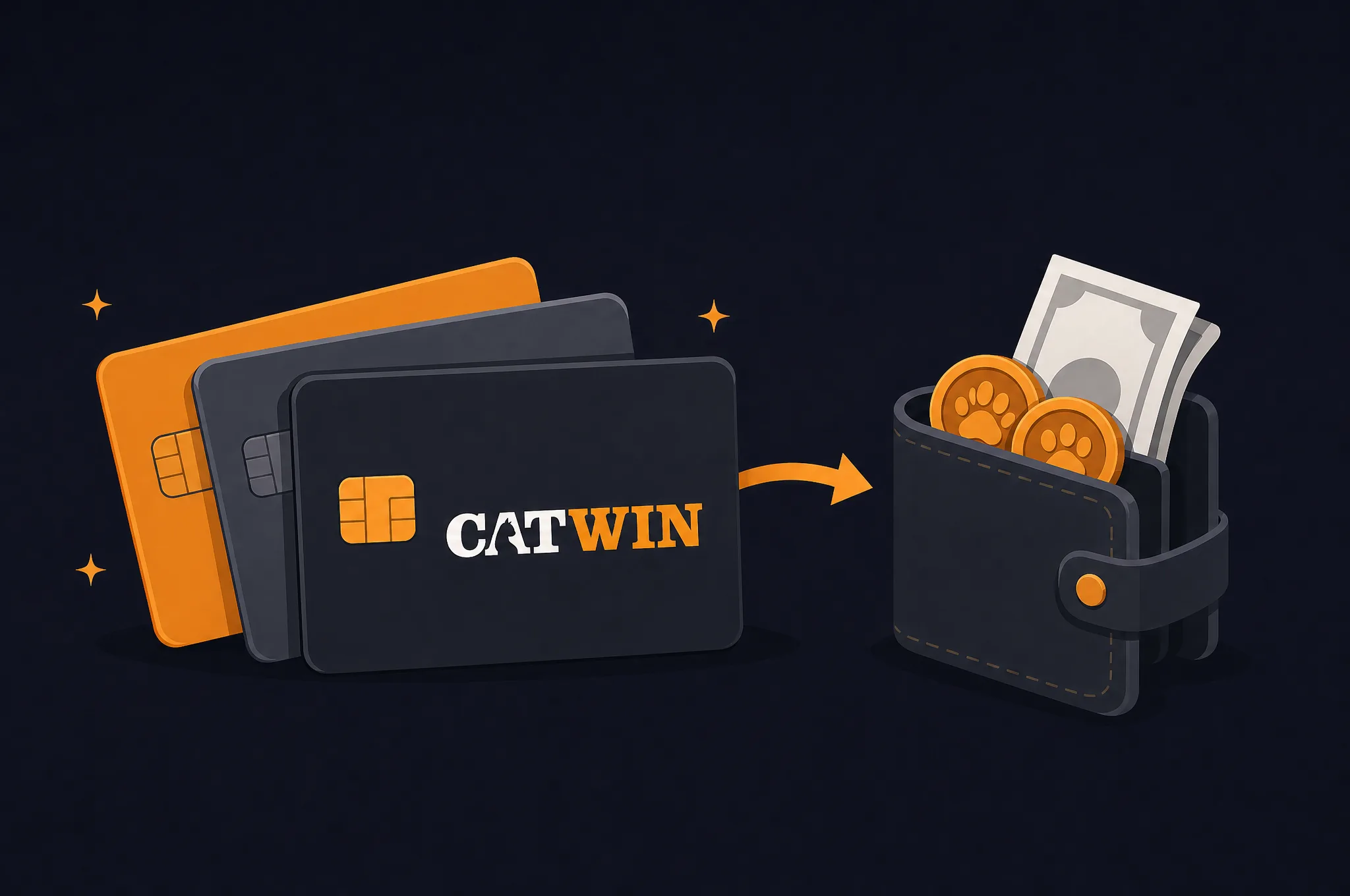 Catwin-Karten und Geldbörse mit Münzen und Banknoten