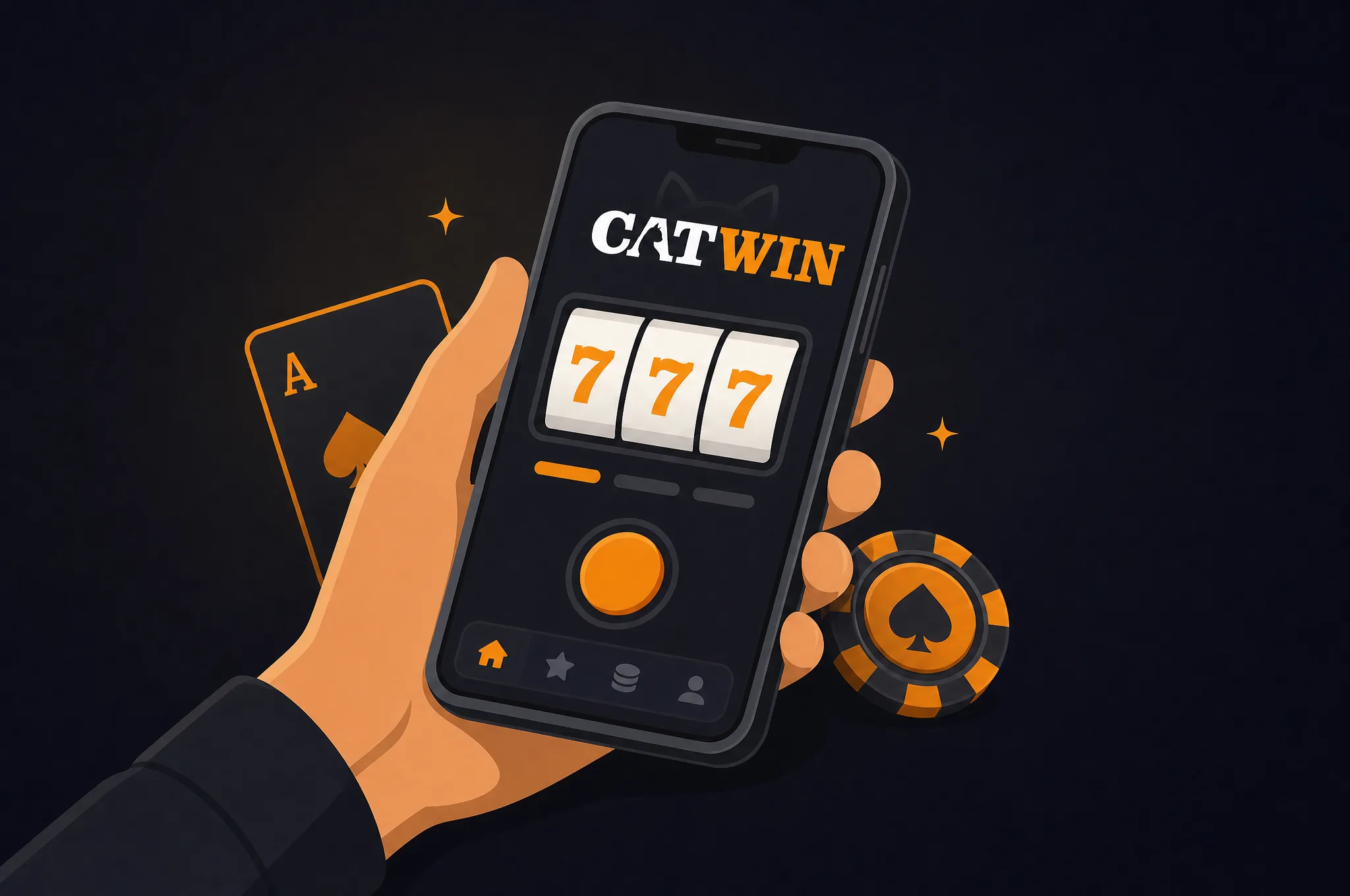 Catwin-Spielautomat auf einem Smartphone mit Spielkarte und Chip